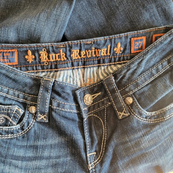 Rock Revival Women Deborah Boot Cut Jean 27 Med/Dark Wash Silver Metallic Stitch - Picture 1 of 15